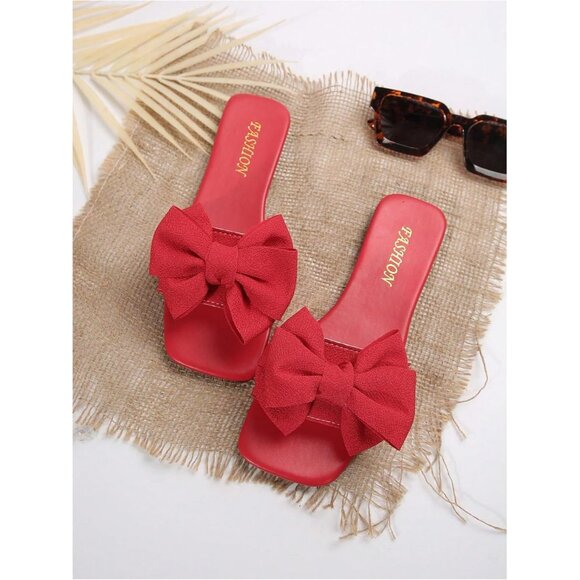 Women's Bow Red Square Toe Flat Summer Sandals Slides Slip On Shoes - Picture 2 of 6